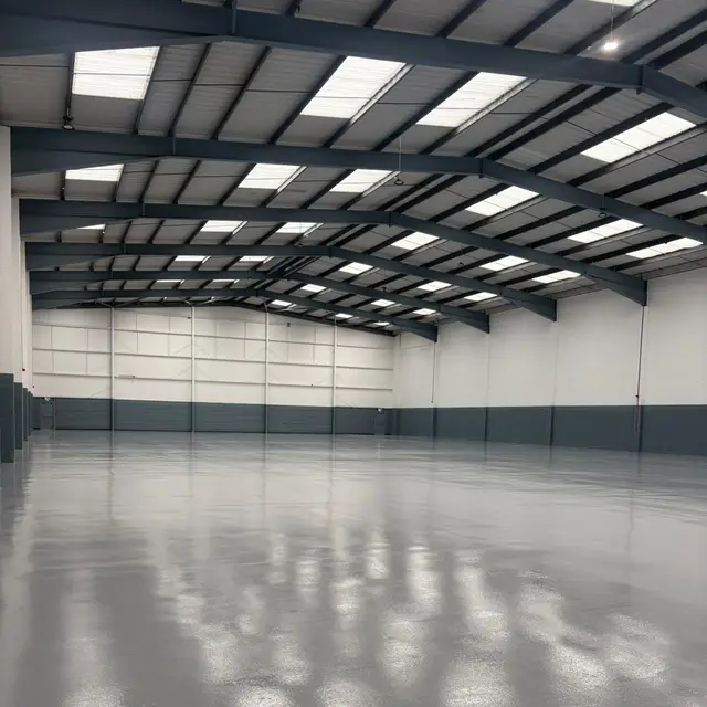 Industrial unit with two-tone painted walls and glossy grey floor